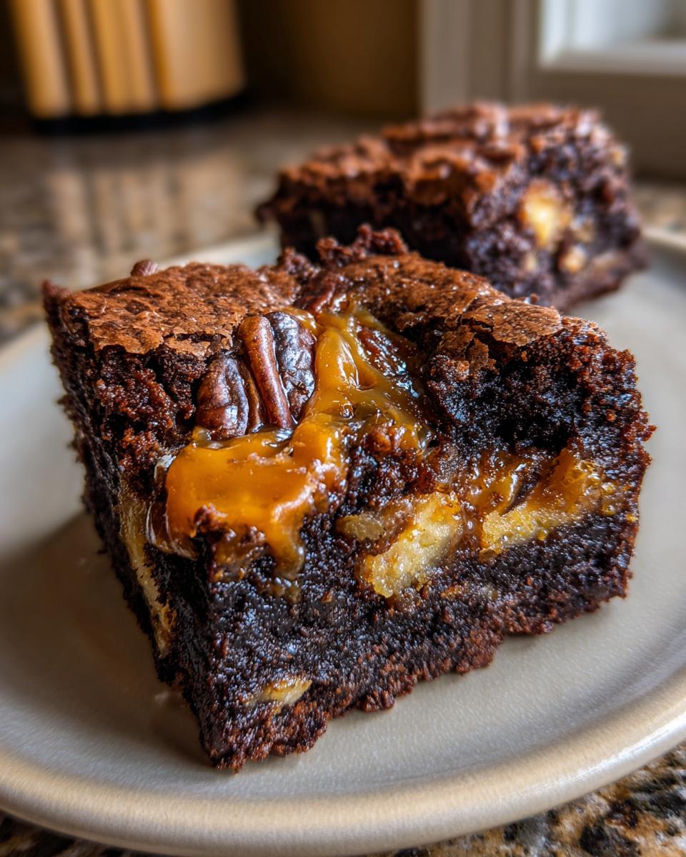 A close-up of a rich, fudgy turtle brownies square topped with melted caramel and a whole pecan.