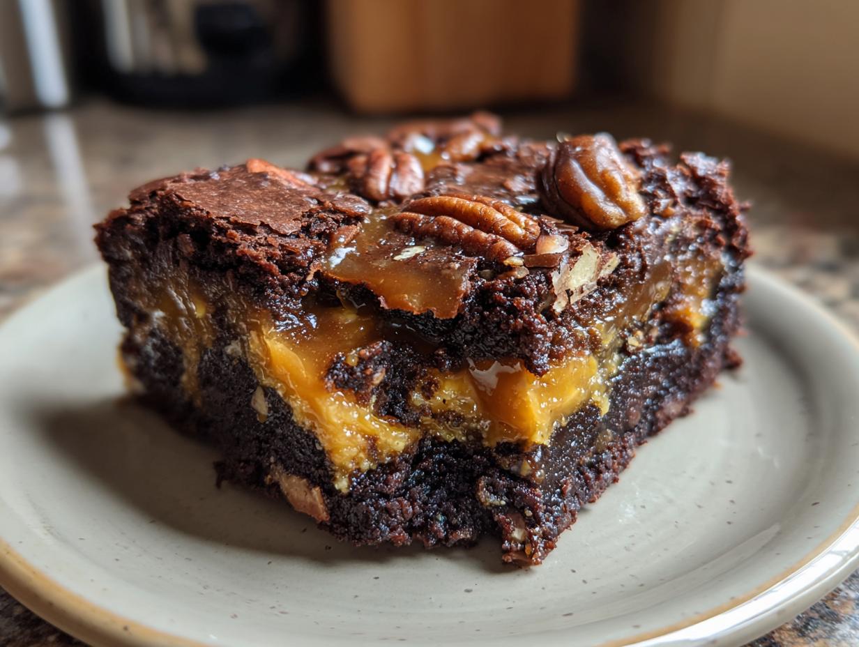 A decadent slice of turtle brownies featuring rich chocolate, gooey caramel filling, and pecans on top.