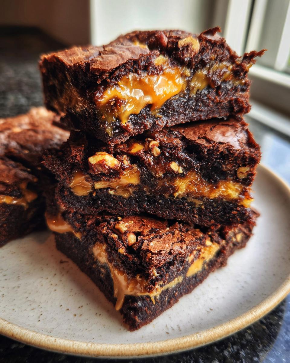 Close-up of three stacked, rich chocolate turtle brownies showing gooey caramel and nuts inside.