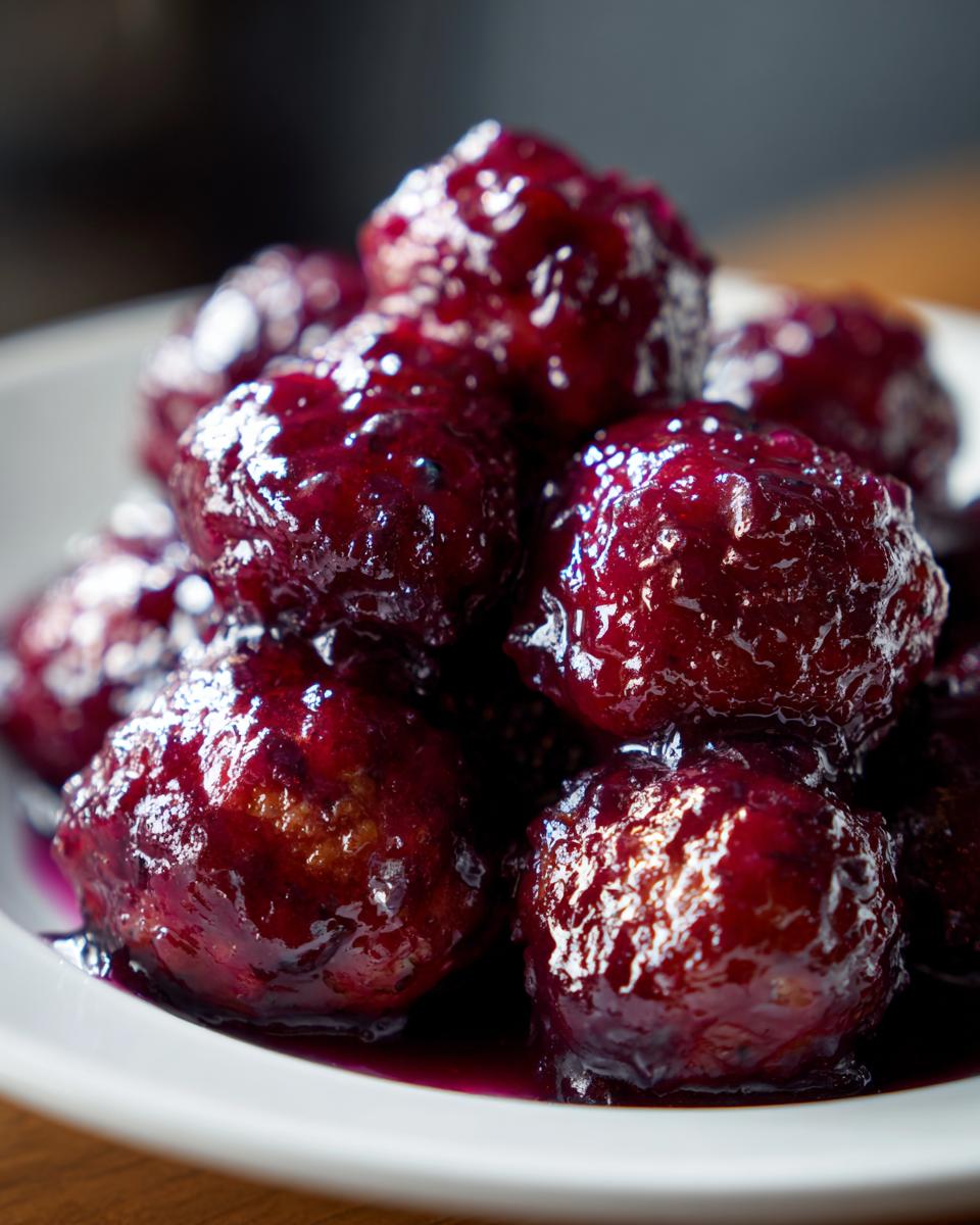 A close-up shot of several glistening grape jelly meatballs piled high on a white plate.