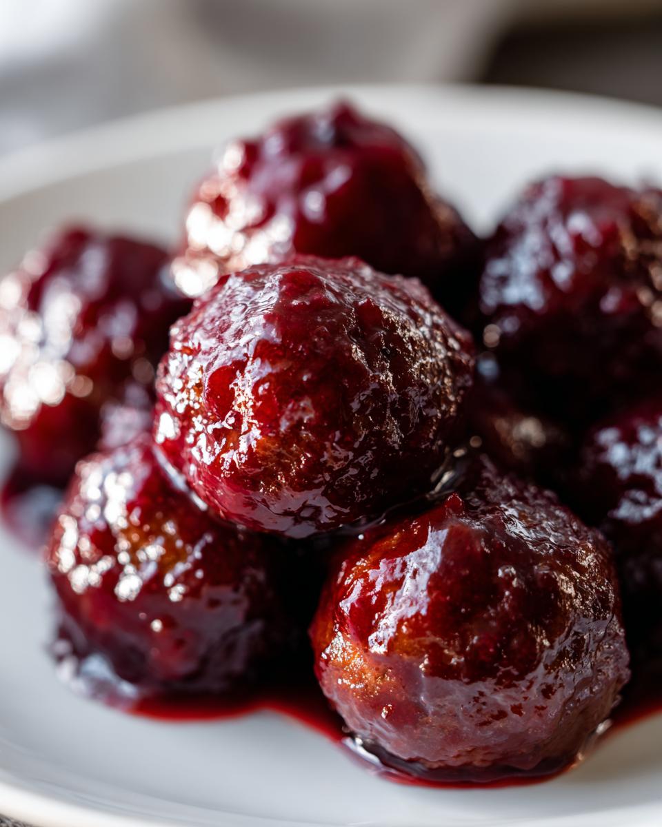 Close-up of several glistening grape jelly meatballs coated in a rich, dark red sauce on a white plate.