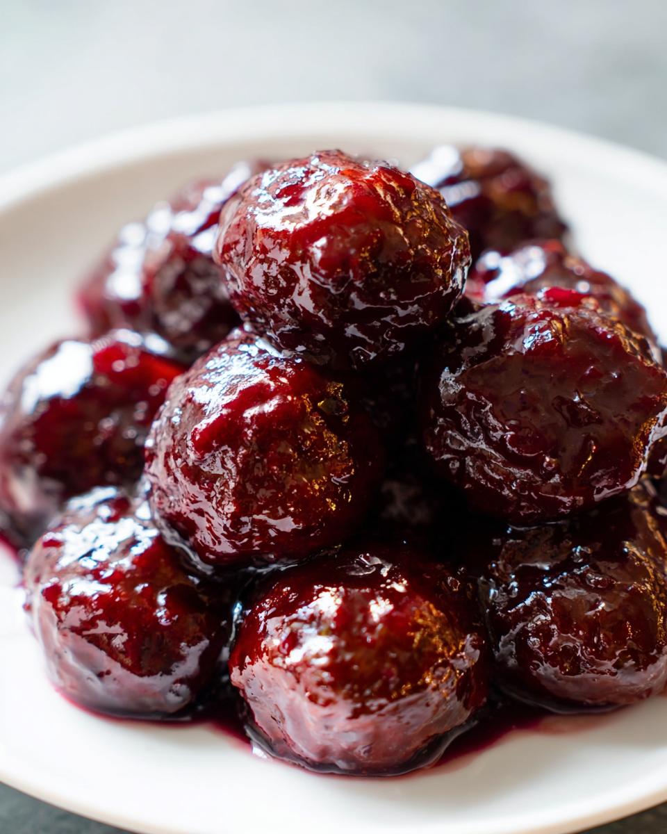 A close-up, macro shot of several glossy, dark red grape jelly meatballs piled high on a white plate.