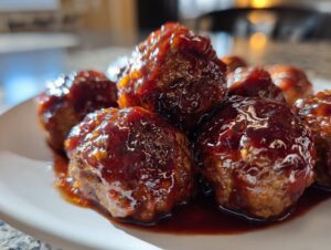 A close-up shot of several glistening Grape Jelly Meatballs coated in a thick, dark, sweet and savory sauce.