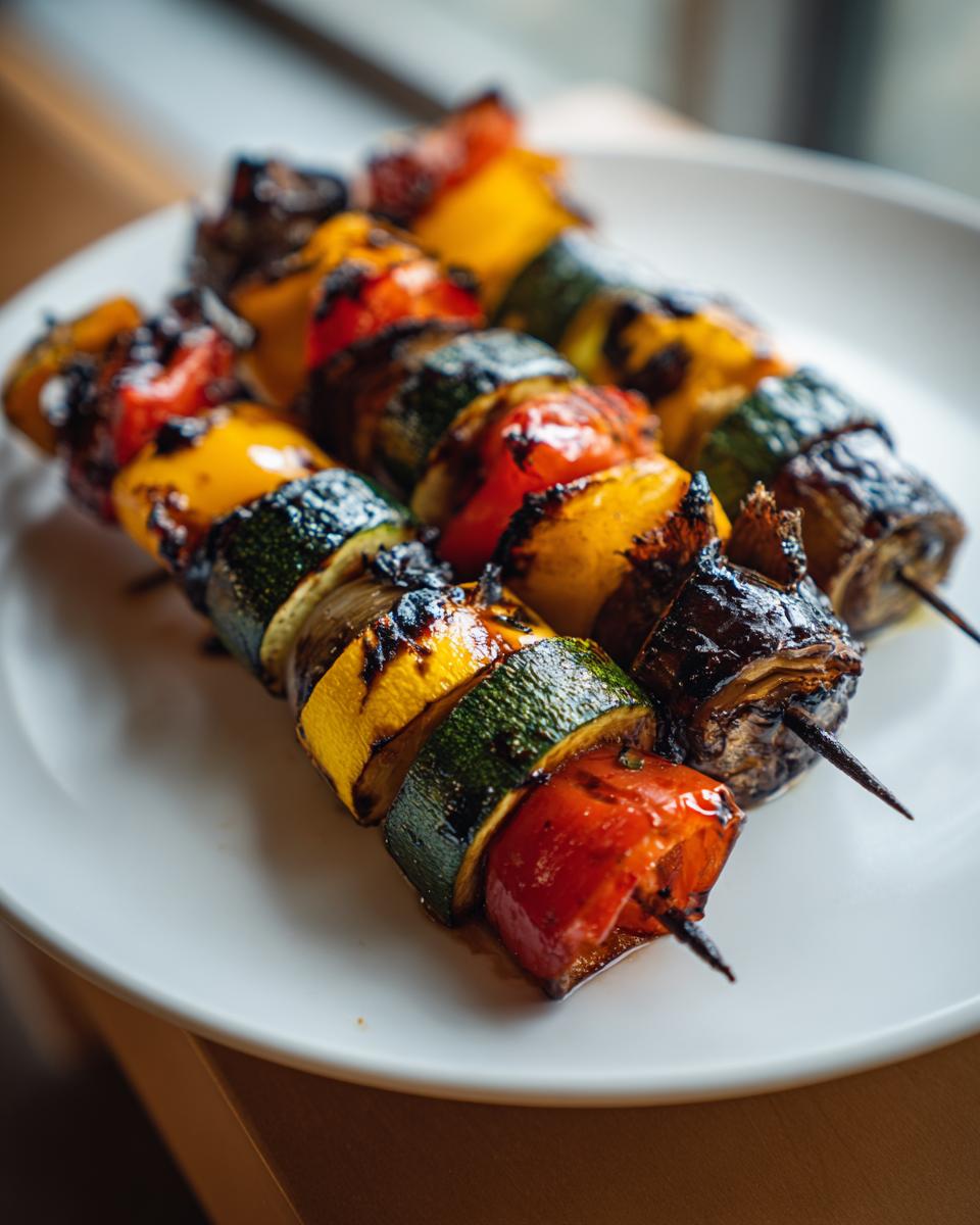 Close-up of three perfectly cooked grilled vegetable skewers featuring zucchini, yellow pepper, and tomato.