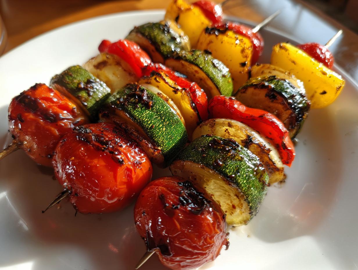 Two skewers loaded with charred zucchini, tomatoes, red pepper, and yellow pepper make up these delicious grilled vegetable skewers.