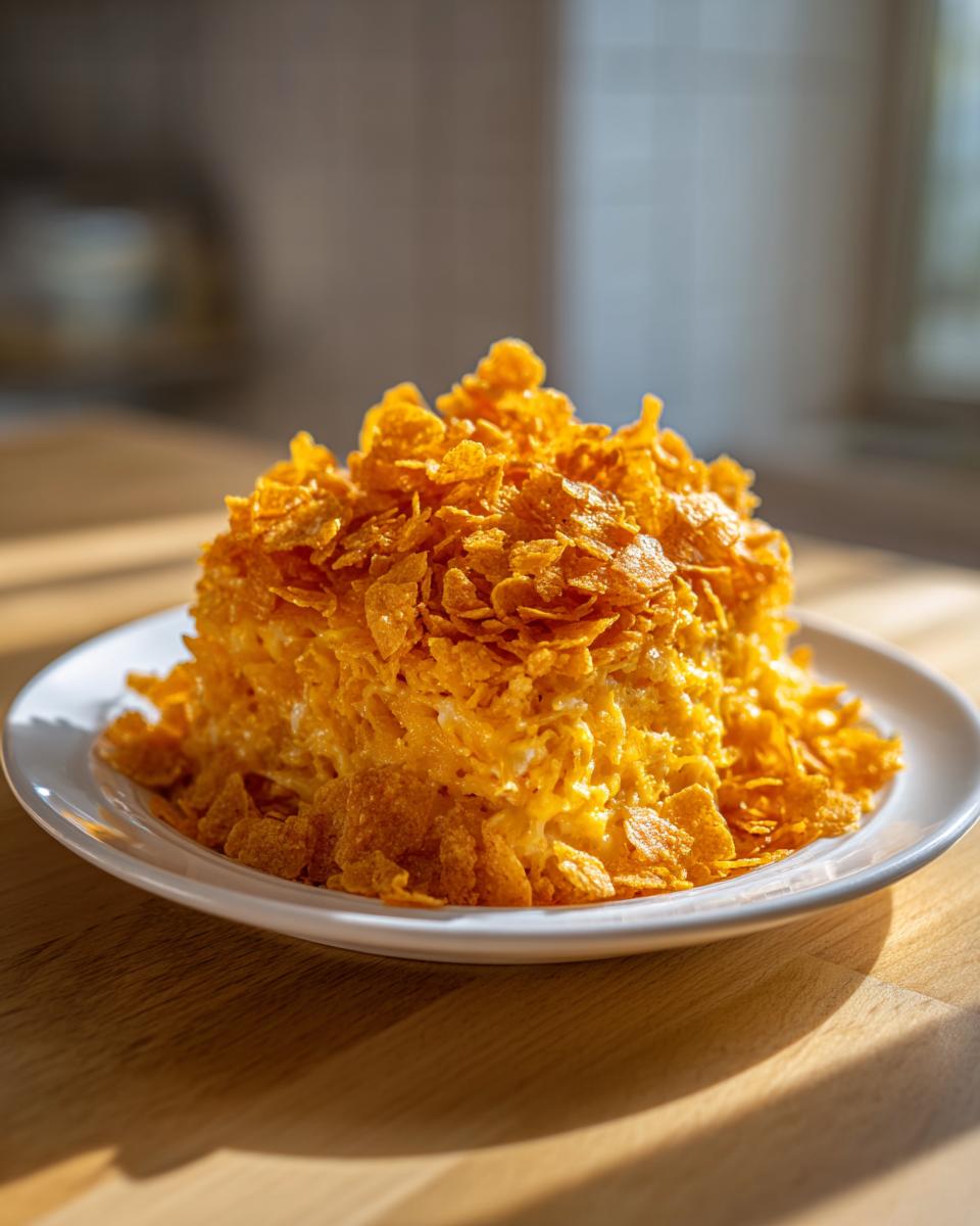 A serving of creamy hashbrown casserole completely covered in a thick layer of golden, crunchy cornflakes.