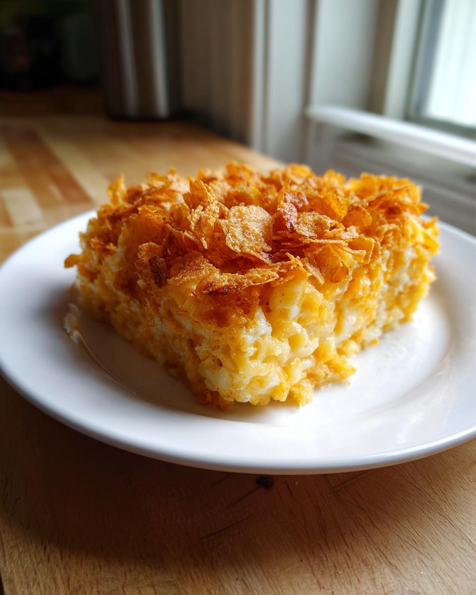 A square slice of cheesy hashbrown casserole topped with crispy, golden corn flakes on a white plate.