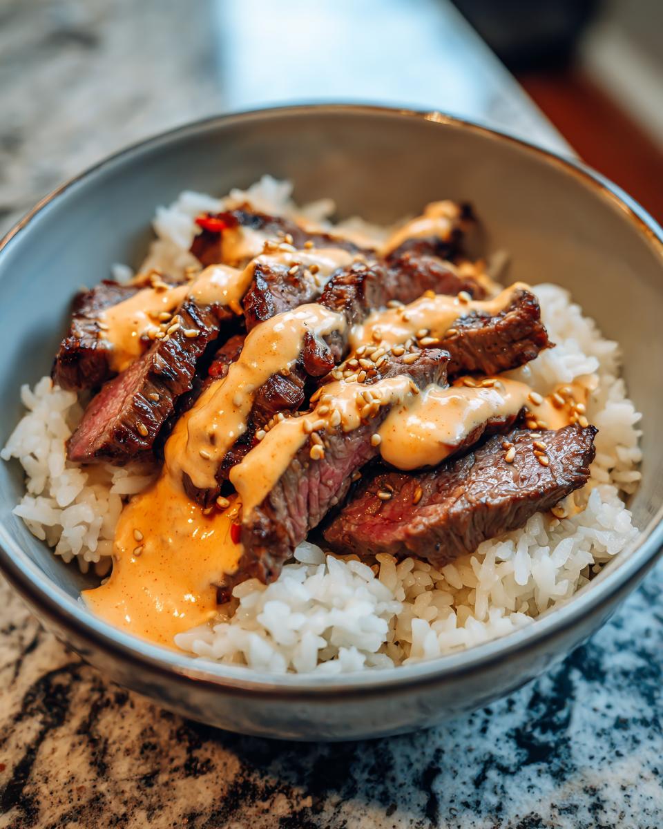 Close-up of sliced Korean BBQ steak rice bowls topped with creamy orange sauce and sesame seeds.