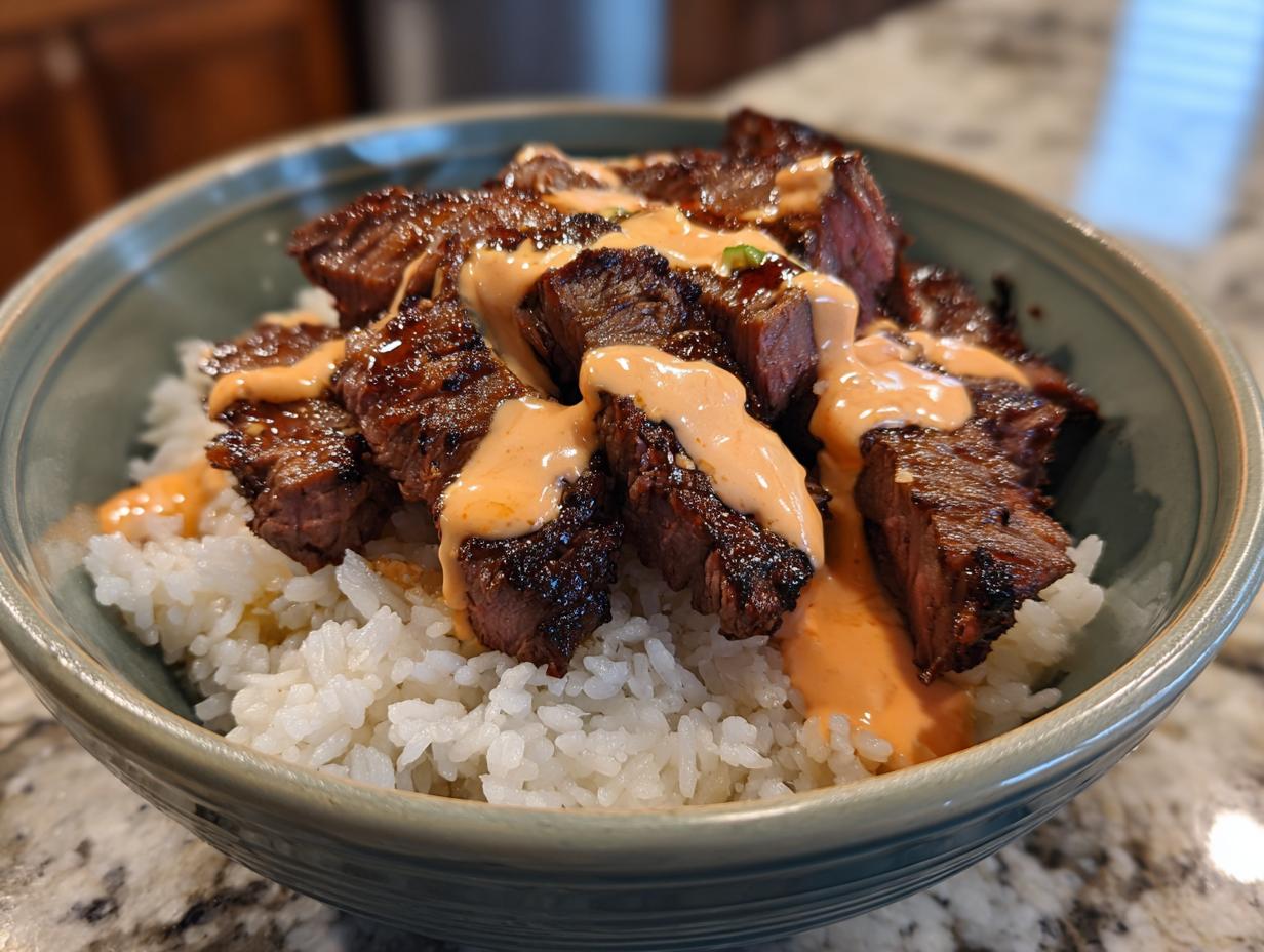Close-up of sliced Korean BBQ steak served over white rice and drizzled with a creamy orange sauce in a teal bowl.