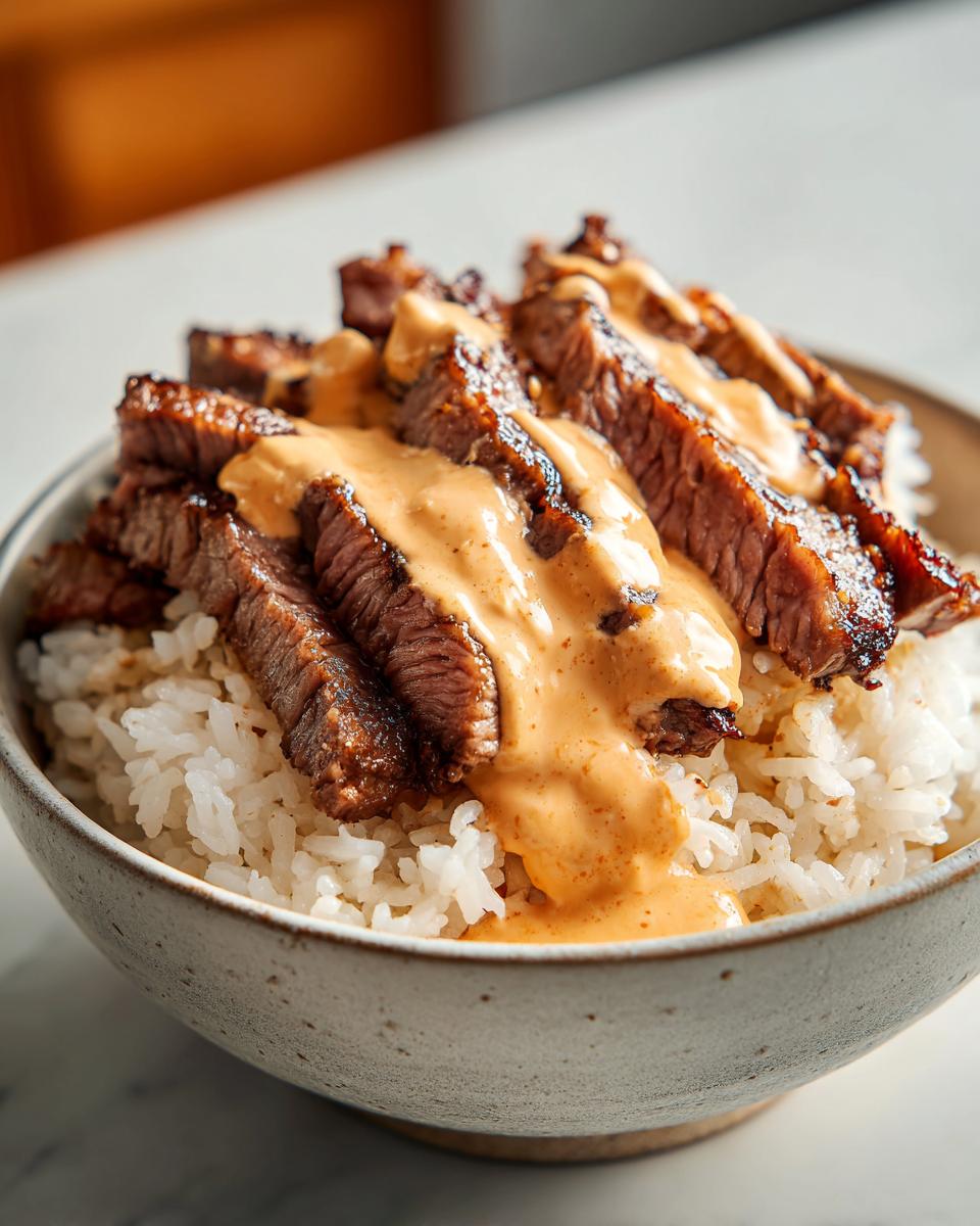 Close-up of Korean BBQ steak rice bowls featuring sliced marinated steak over white rice, drizzled with a creamy orange sauce.