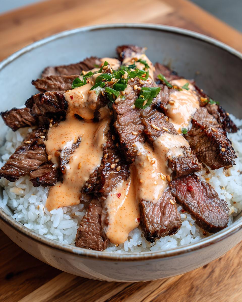 Close-up of Korean BBQ steak rice bowls featuring sliced marinated steak over white rice, topped with spicy sauce and green onions.