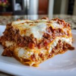Close-up of a hearty slice of Lasagna with Cottage Cheese, showing layers of meat sauce, pasta, and white cheese filling.