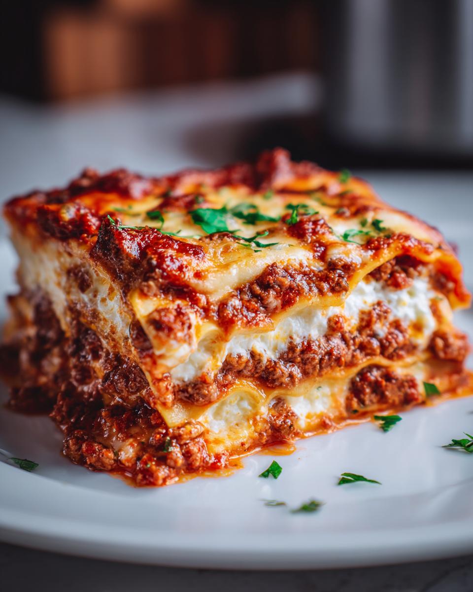 Close-up of a thick slice of Lasagna with Cottage Cheese, showing layers of pasta, meat sauce, and white filling.