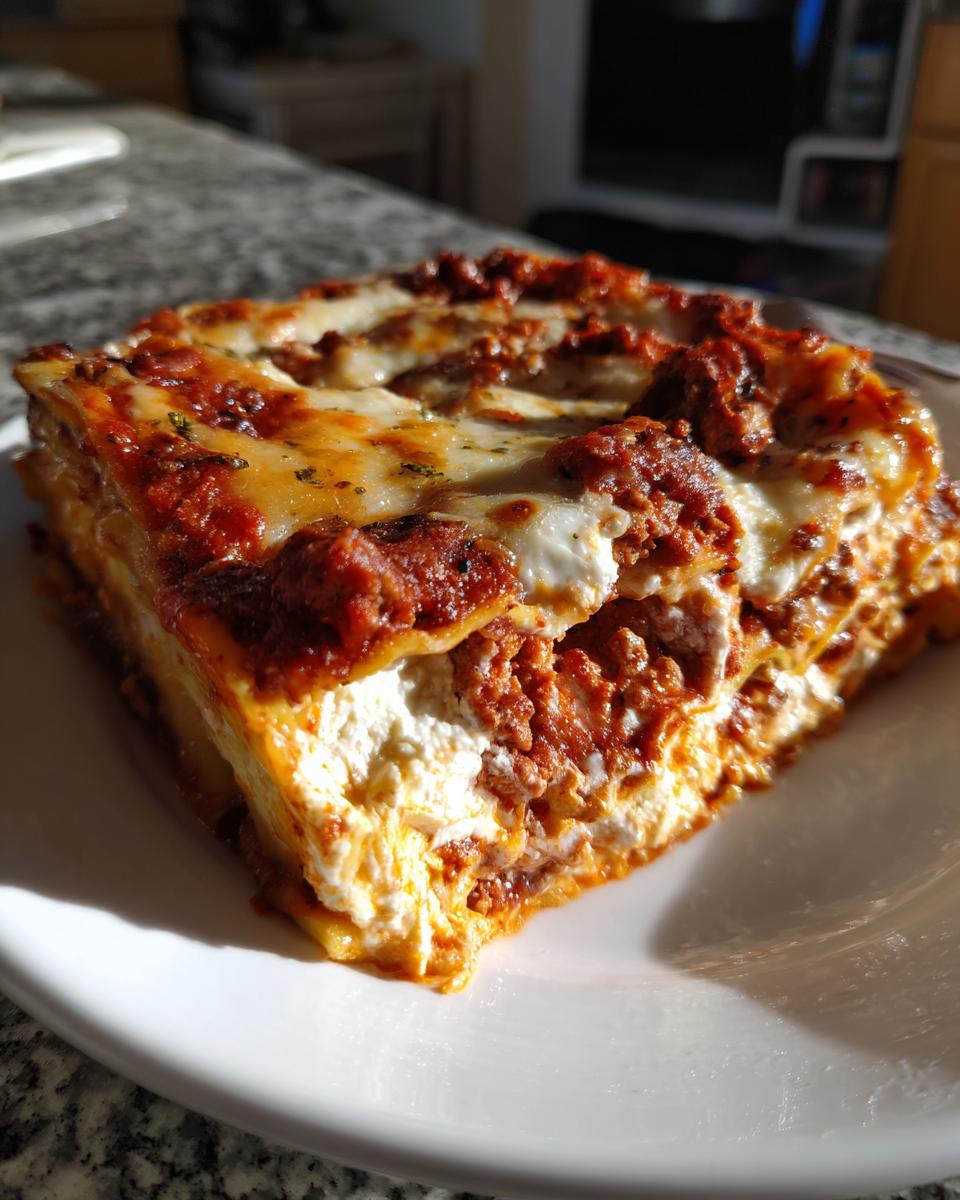 A generous slice of baked lasagna with cottage cheese, rich meat sauce, and melted cheese topping.