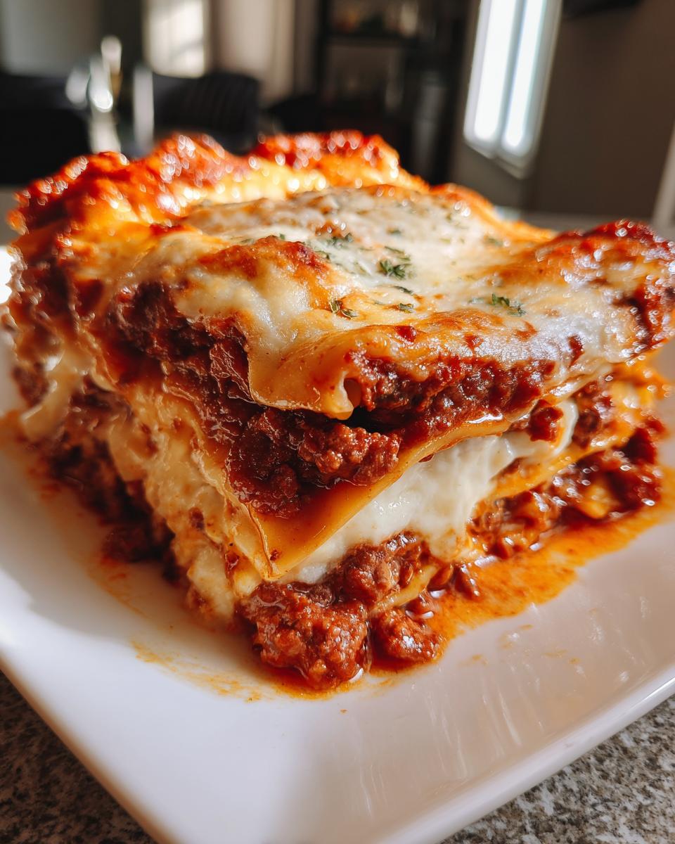 Close-up of a thick, cheesy slice of Lasagna with Cottage Cheese, showing layers of pasta, rich meat sauce, and melted topping.