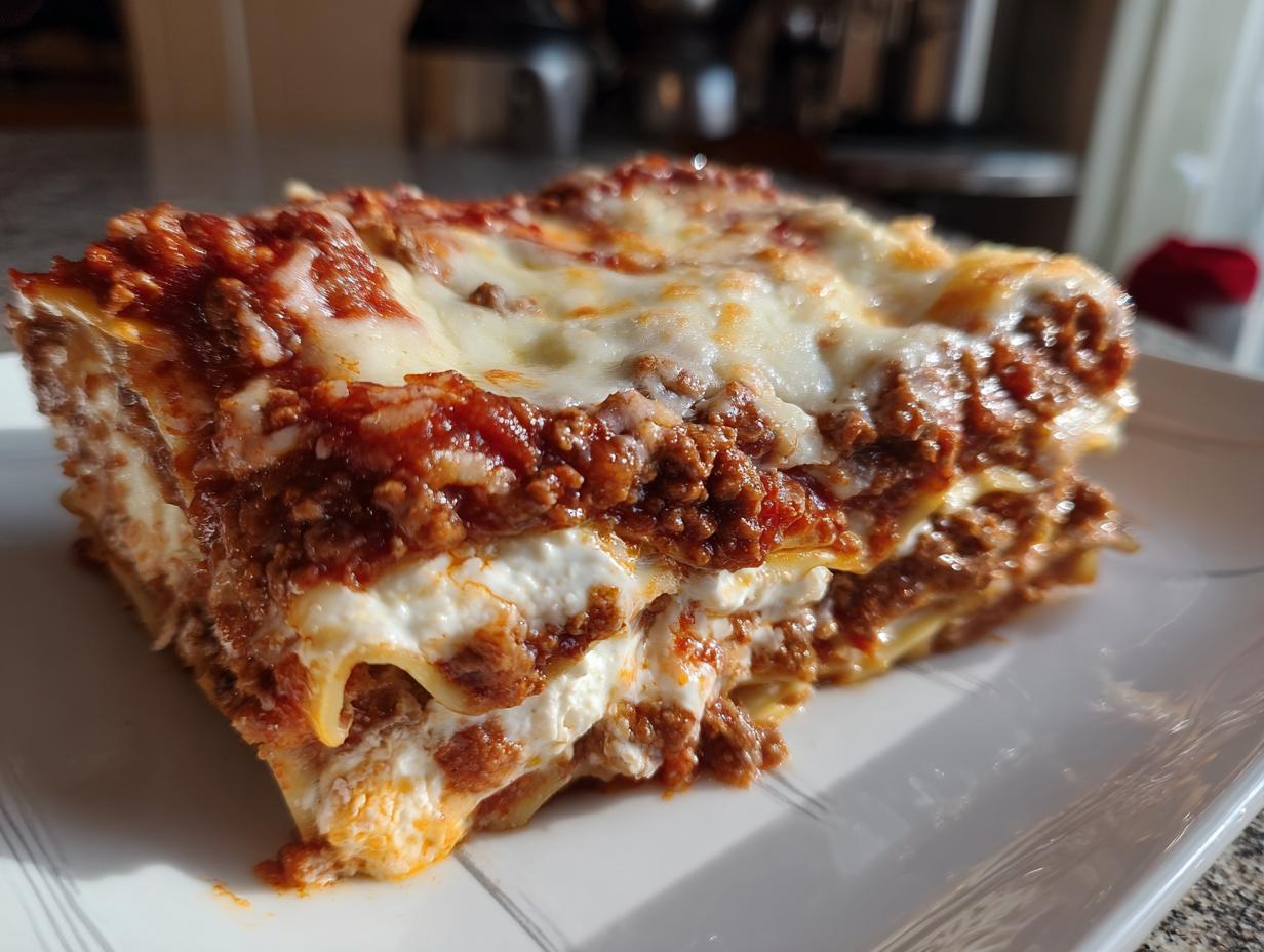 Close-up of a thick, layered slice of Lasagna with Cottage Cheese, topped with melted mozzarella and rich meat sauce.