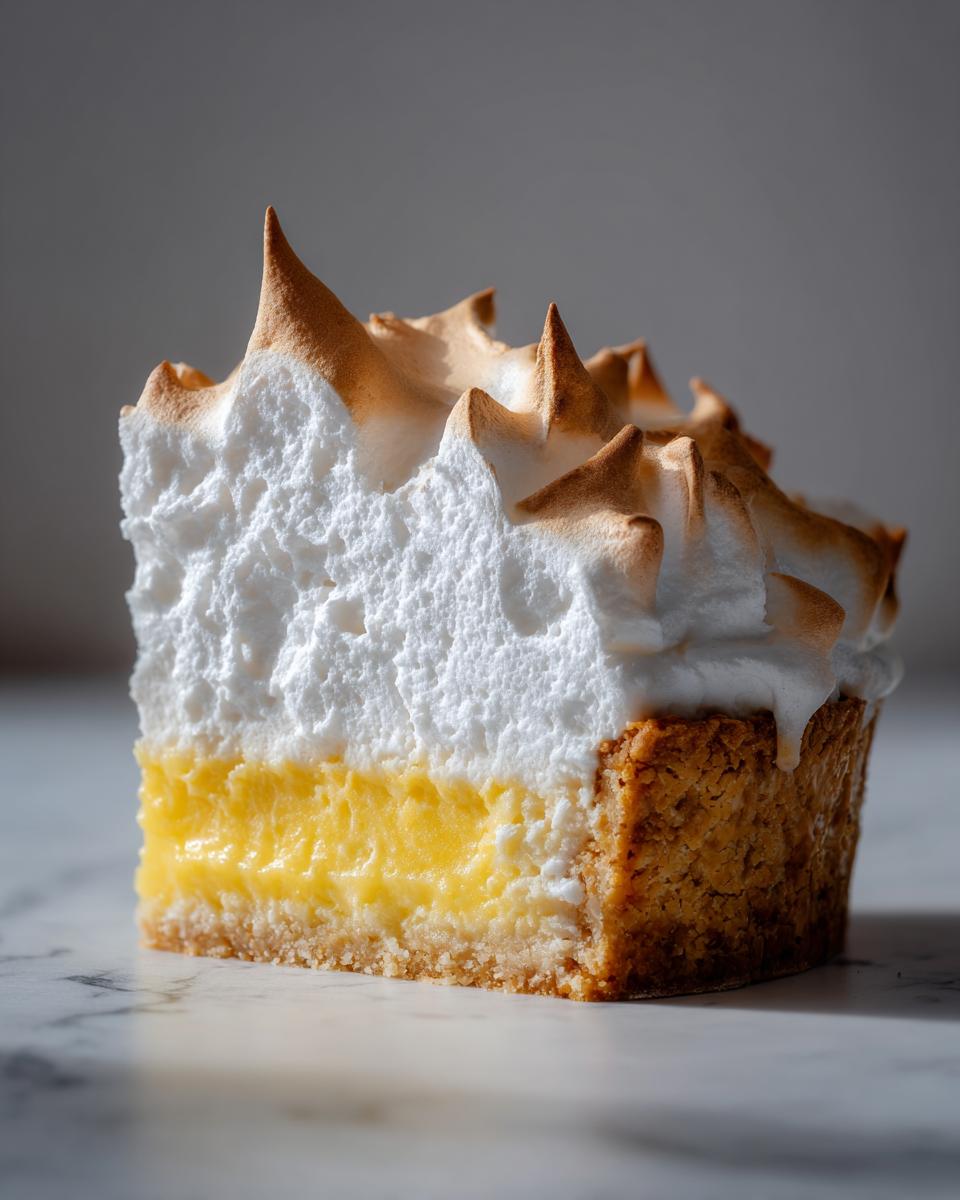 A perfect slice of lemon meringue pie showing distinct layers of crust, bright yellow filling, and torched meringue topping.