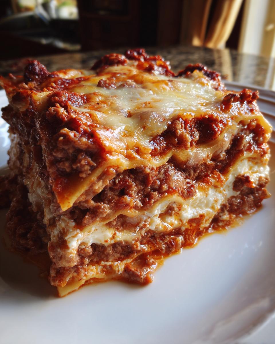 A thick, layered slice of Lasagna with Cottage Cheese, rich meat sauce, and melted mozzarella cheese on top.