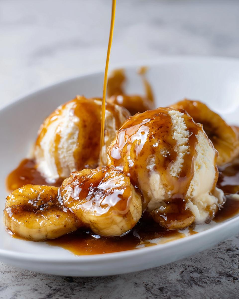 Close-up of vanilla ice cream and caramelized bananas being drizzled with rich caramel sauce for Bananas Foster.