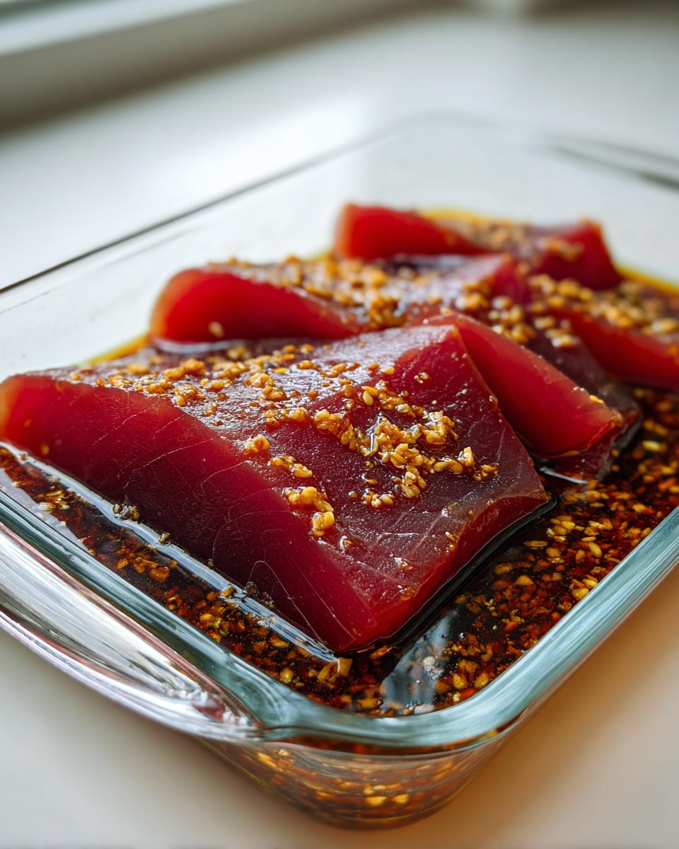 Close-up of vibrant red tuna steak pieces soaking in a dark, savory MARINADE FOR TUNA STEAK with visible garlic and sesame seeds.