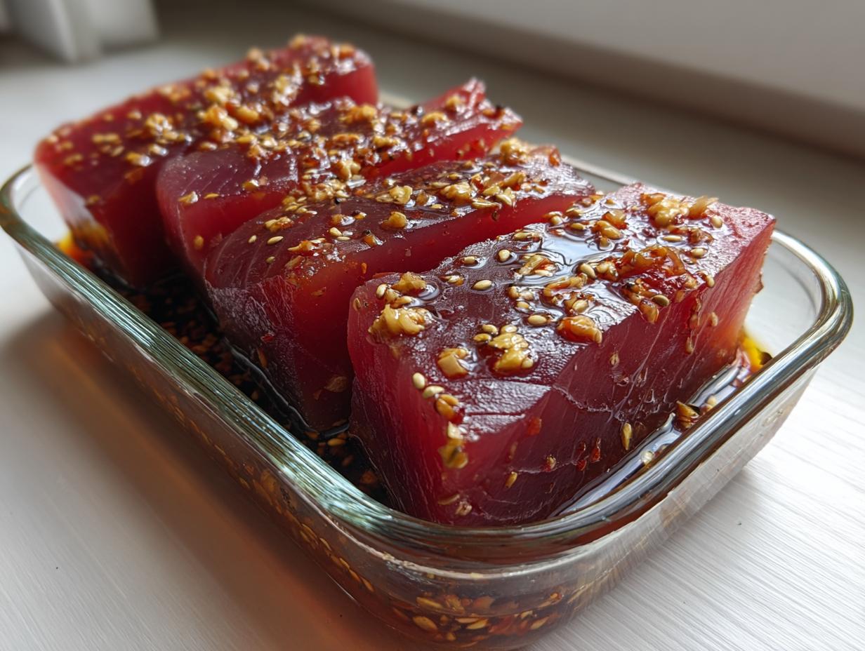 Four thick, deep red raw tuna steaks soaking in a savory MARINADE FOR TUNA STEAK with sesame seeds and minced garlic.