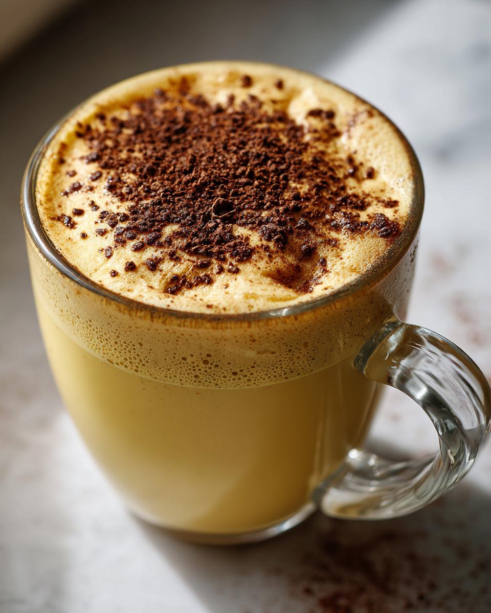 Close-up of a glass mug filled with creamy, yellow eggnog topped with thick foam and dark chocolate shavings.
