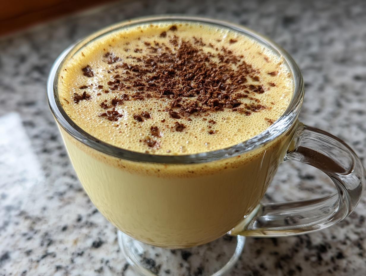 Close-up of a glass mug filled with rich, creamy eggnog, topped with dark chocolate shavings.