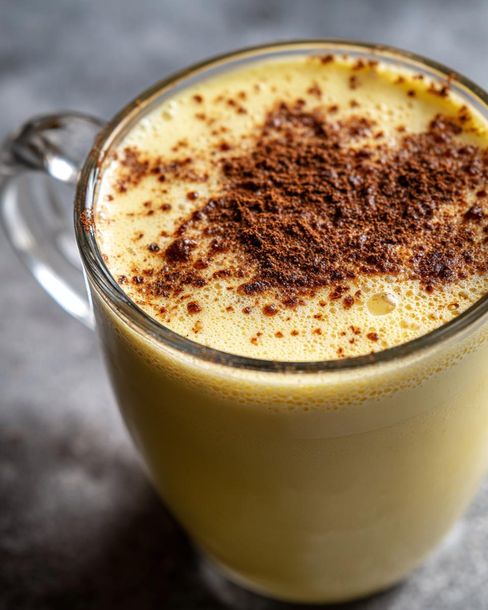 Close-up of a glass mug filled with rich, yellow eggnog, topped with a dusting of cocoa powder.