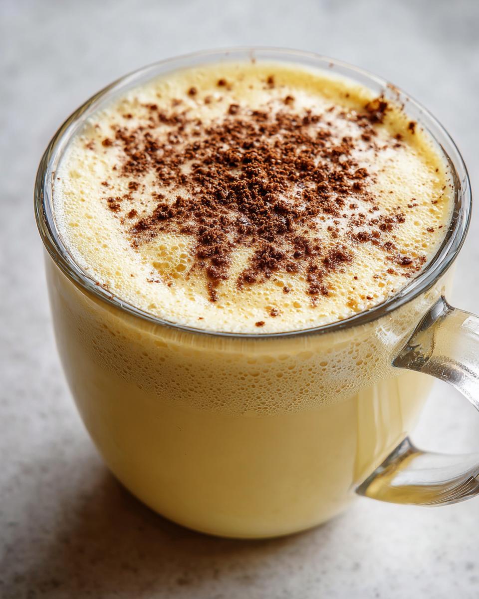 Close-up of a glass mug filled with rich, creamy eggnog topped with foamy froth and sprinkled with cinnamon.