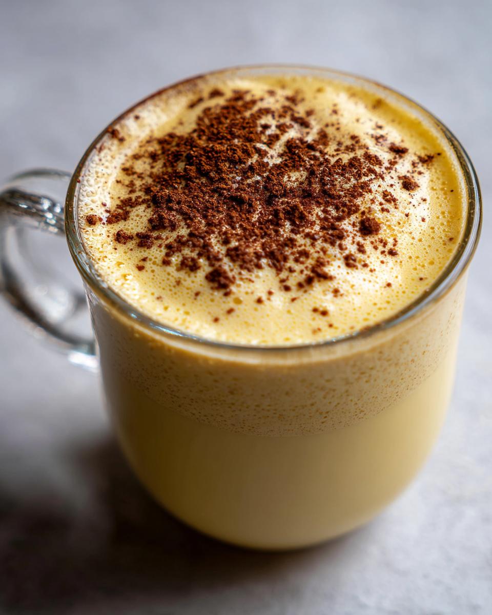 Close-up of a rich, creamy eggnog in a clear glass mug, topped with foamy froth and sprinkled with ground nutmeg.