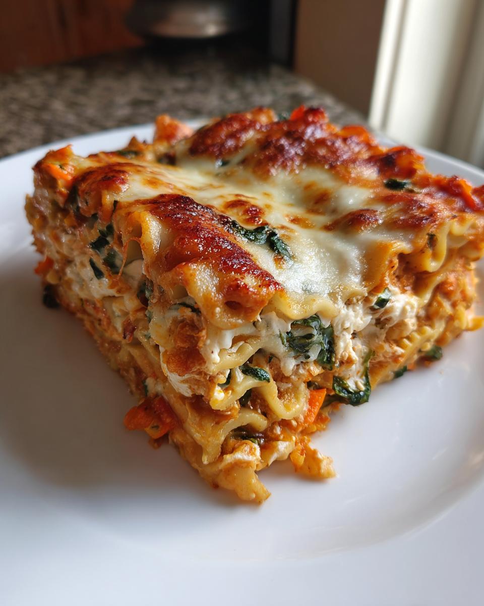 A thick, layered slice of roasted vegetable lasagna topped with bubbly, browned mozzarella cheese.