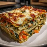 A close-up slice of roasted vegetable lasagna showing layers of pasta, creamy ricotta, spinach, and carrots, topped with melted, browned cheese.