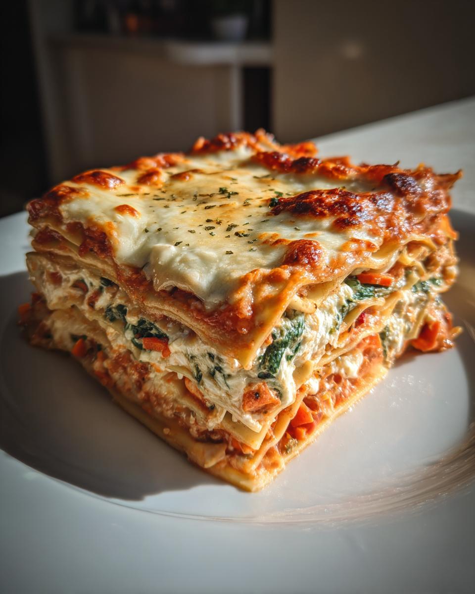 A tall, perfectly cut slice of roasted vegetable lasagna showing layers of pasta, ricotta, spinach, and roasted carrots, topped with browned cheese.