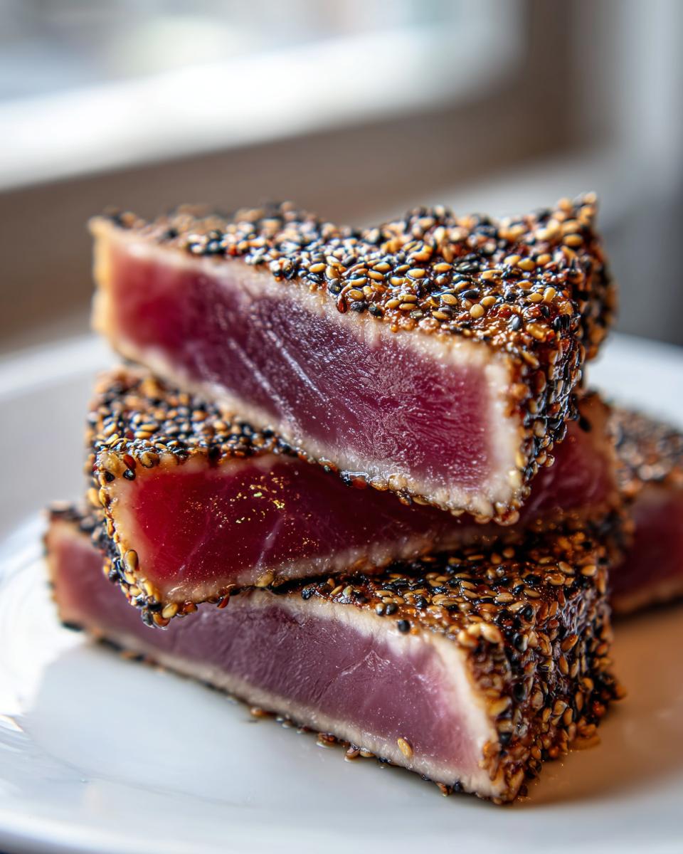 Three thick slices of perfectly seared Ahi Tuna, crusted with black and white sesame seeds, showing a rare, deep red center.