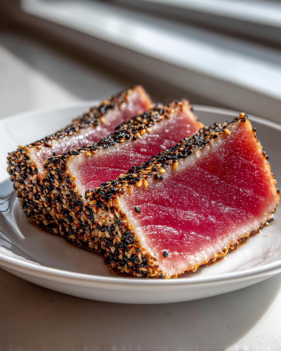 Three slices of perfectly seared ahi tuna, crusted with black and white sesame seeds, showing a rare, deep red center.
