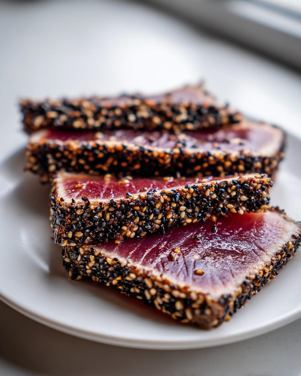 Four slices of perfectly cooked Seared Ahi Tuna, crusted with black and white sesame seeds, resting on a white plate.