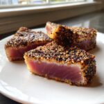 Three thick slices of perfectly seared ahi tuna, showing a deep pink center and a heavy sesame seed crust.
