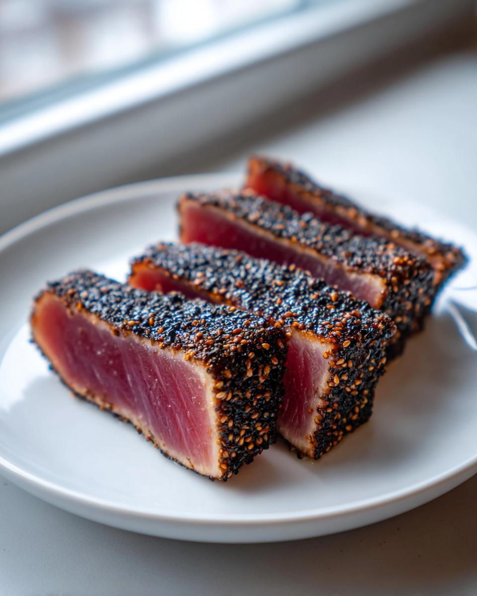 Four thick slices of sesame-crusted Seared Ahi Tuna showing a bright pink, rare center on a white plate.