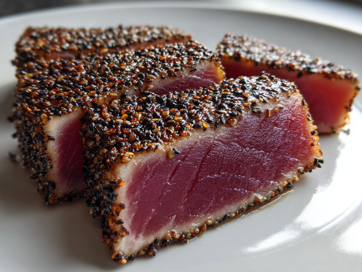 Close-up of perfectly seared ahi tuna, sliced to show the rare center and thick sesame seed crust.