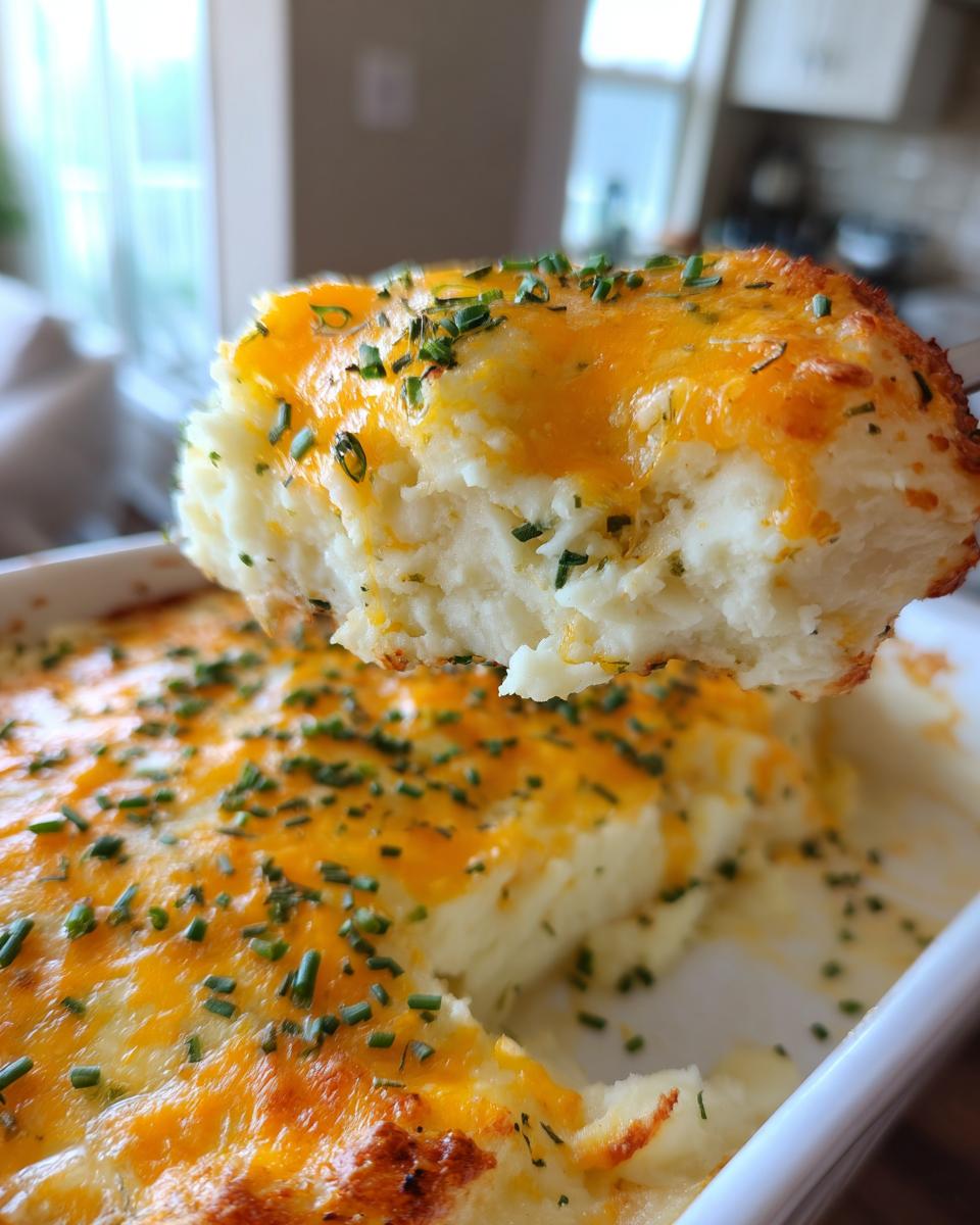 A scoop of creamy baked mashed potatoes topped with melted cheddar cheese and fresh chives being lifted from a white casserole dish.