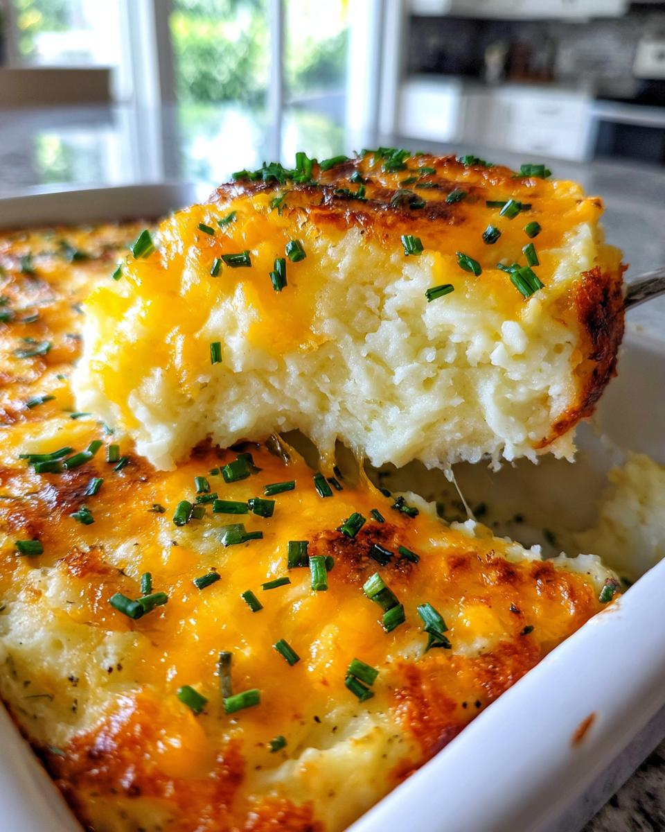A serving spoon lifts a portion of cheesy baked mashed potatoes topped with melted cheddar and fresh chives.