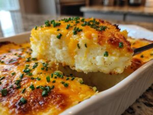 A scoop of fluffy baked mashed potatoes topped with melted cheddar cheese and fresh chives being lifted from a white casserole dish.