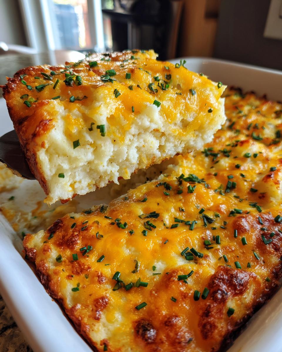 A spatula lifts a square portion of cheesy baked mashed potatoes topped with melted cheddar and chives.