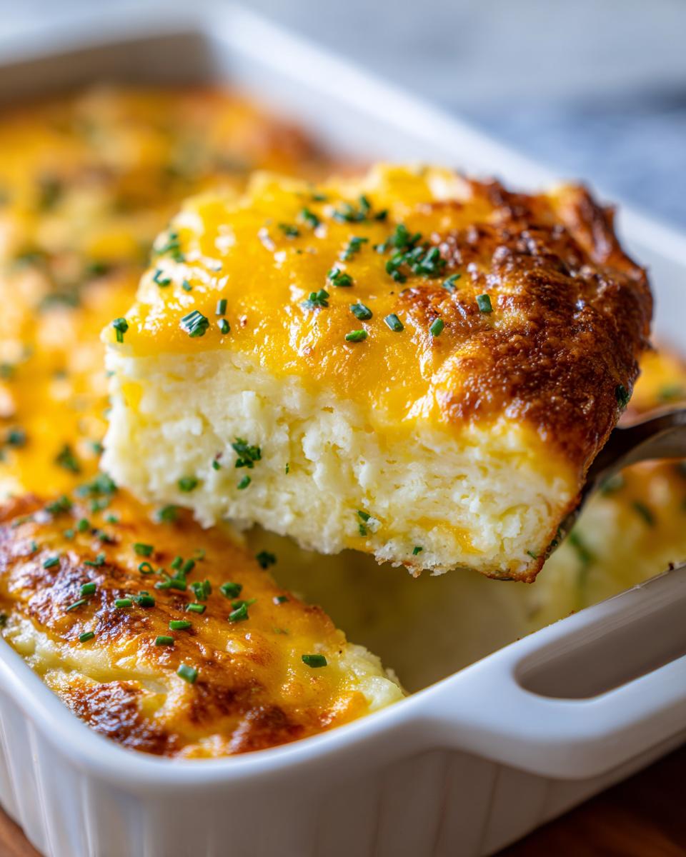 A serving spoon lifts a square portion of cheesy baked mashed potatoes casserole topped with melted cheddar and chives.