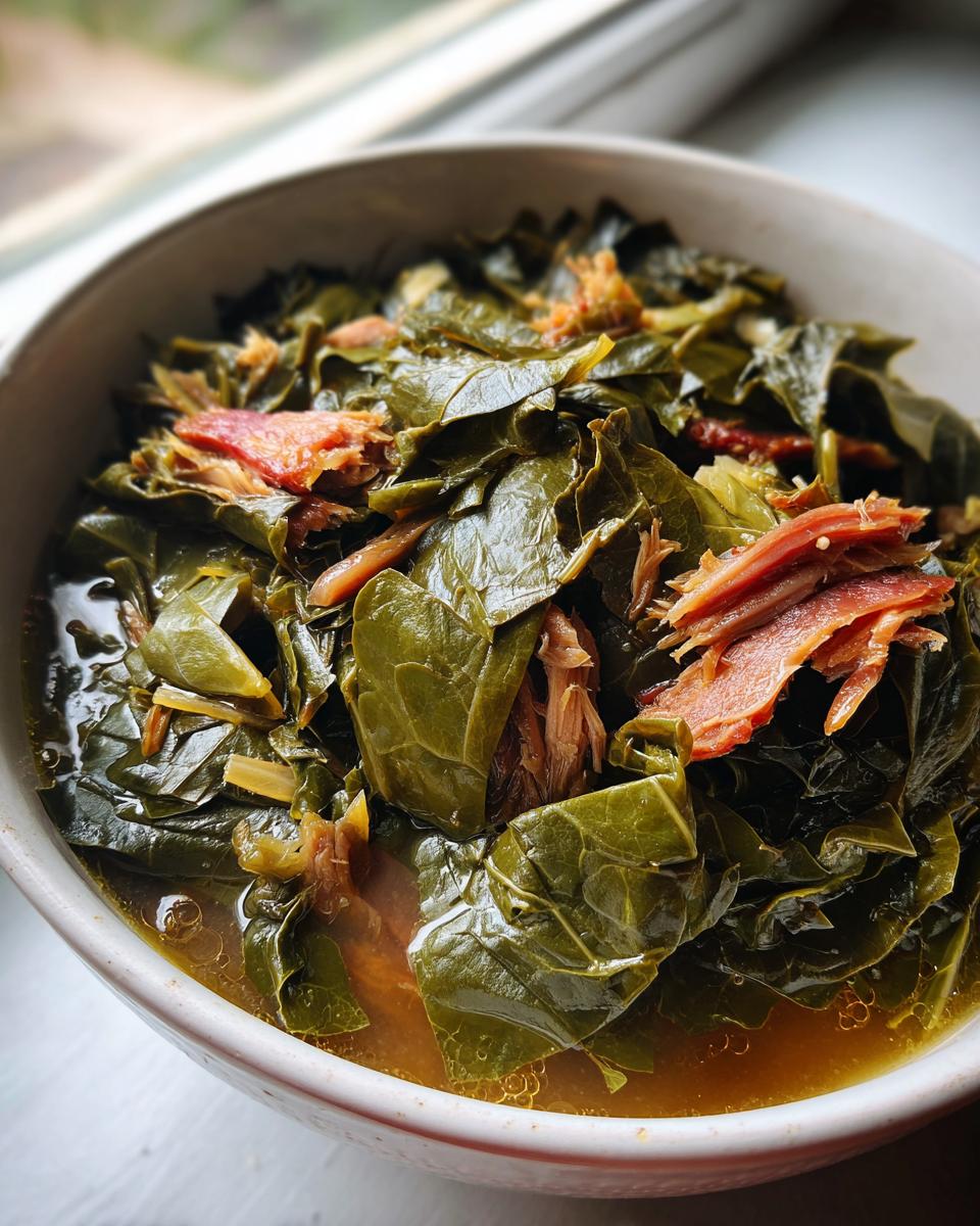Close-up of a bowl filled with silky, slow-cooked collard greens and pieces of smoked ham hock.