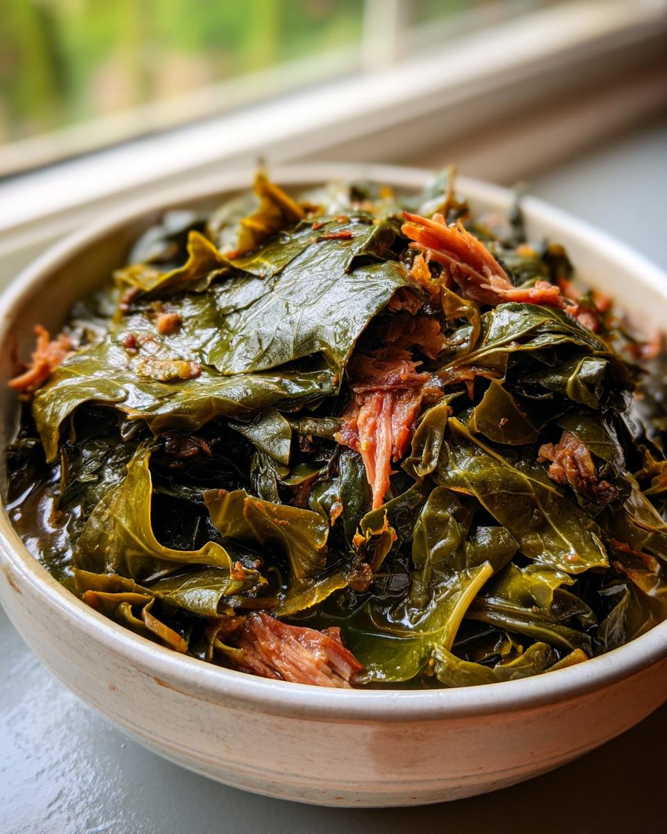 Close-up of a bowl filled with tender, dark green collard greens mixed with shredded smoked meat.