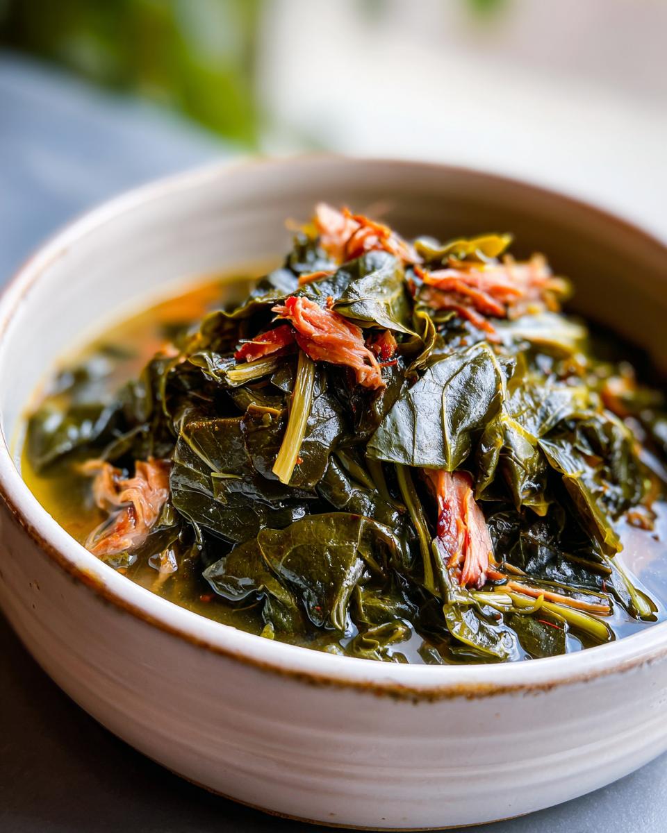 Close-up of silky collard greens simmered in broth, topped with shredded smoked meat, served in a light-colored bowl.