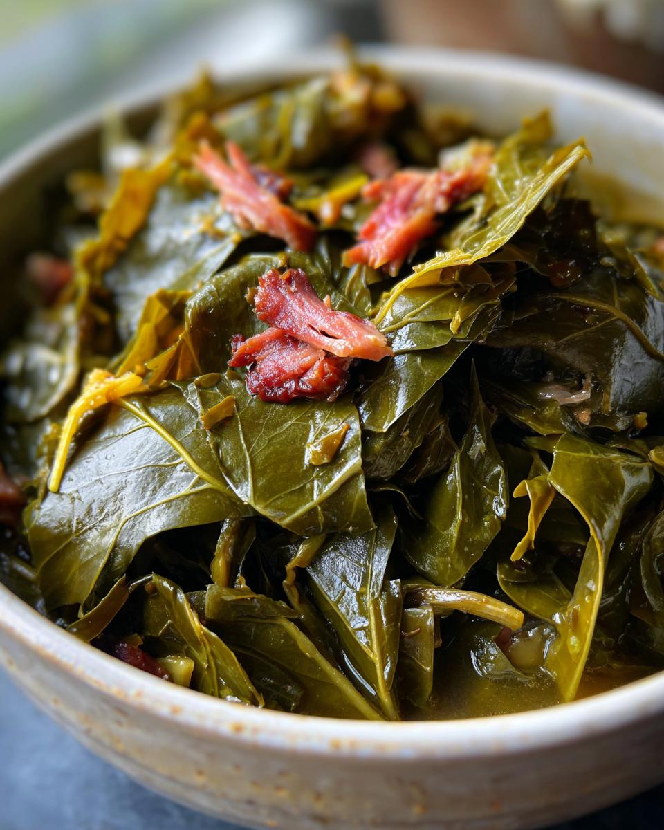 Close-up of tender, silky collard greens swimming in broth, topped with pieces of smoked ham hock.