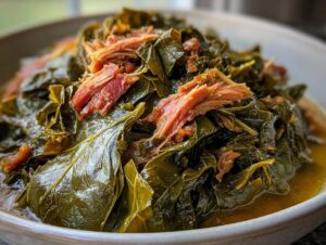 Close-up of a bowl filled with silky, slow-cooked collard greens topped with shredded smoked pork.