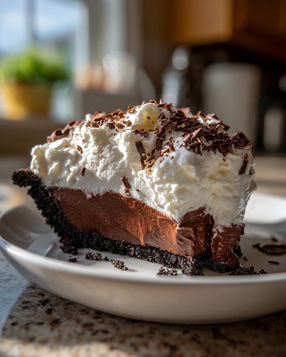 A decadent slice of Christmas chocolate cream pie featuring a dark crust, rich chocolate filling, and generous whipped cream topped with shavings.